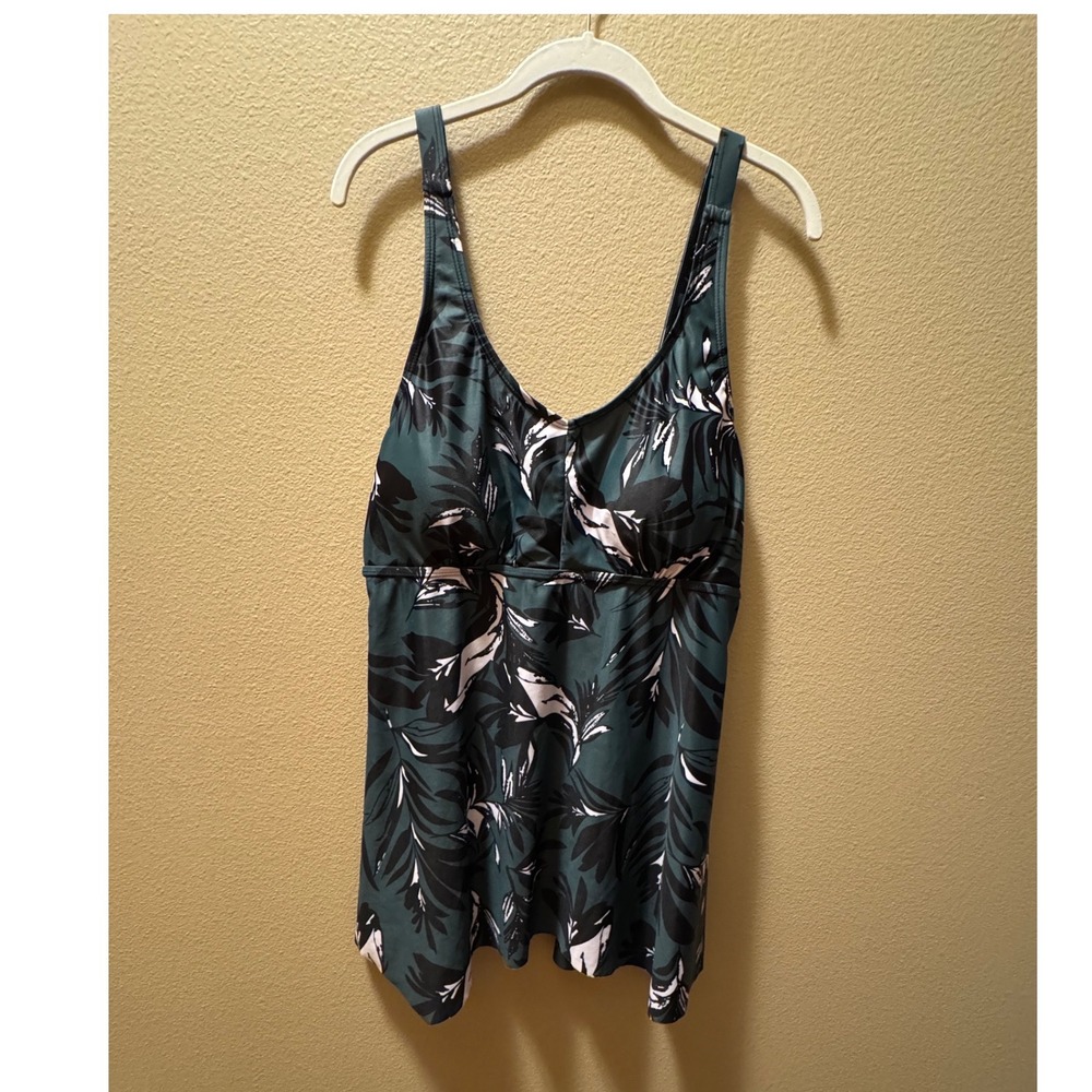 Tropical Leaf Print Tankini Top Green Black Strappy Back Swimwear Womens XL
